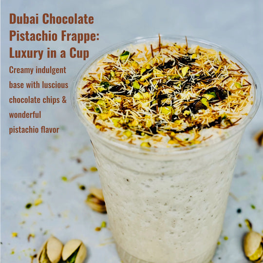 Dubai Choclate Pistachio Frappe garnished with kataifi pistachios and chocolate sauce by Mocafe