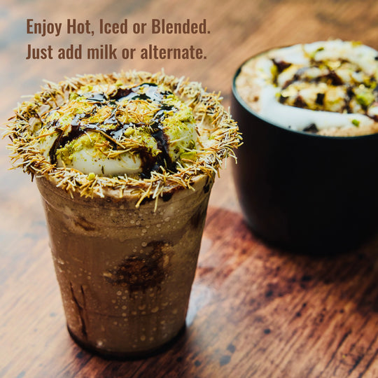 Dubai Chocolate Pistachio Beverages Hot and Cold on table