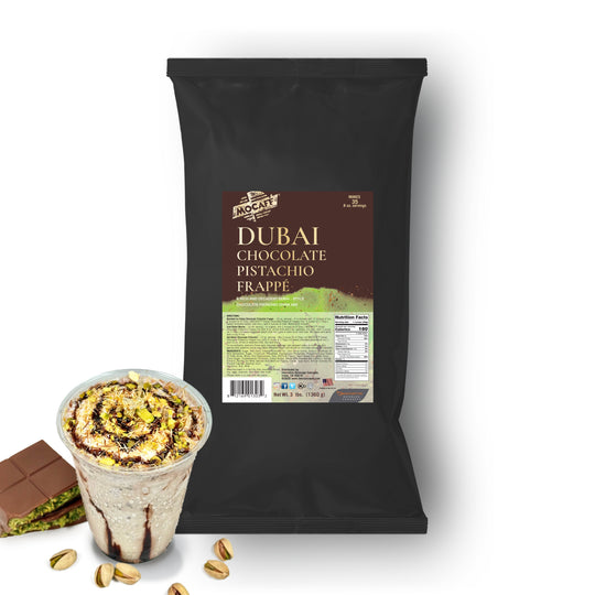 Dubai Chocolate Pistachio Frappe Bulk Bag showing made drink and bar next to it