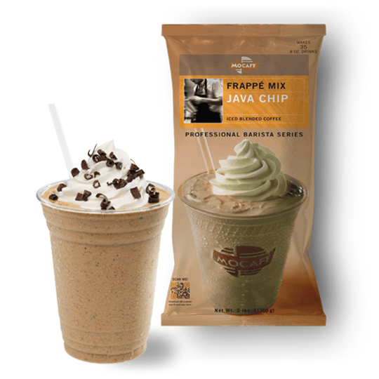 Java Chip frappe with whipped cream and chocolate curls next to a bag of Java Chip powder frappe mix by MOCAFE