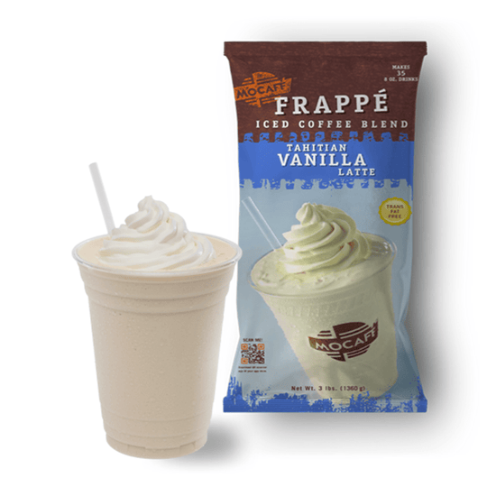 Tahitian Vanilla Latte Frappe Mix Powder 3lb bag next to made blended ice drink