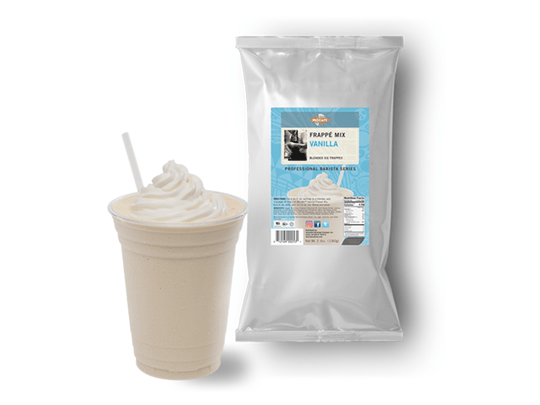 Vanilla Latte Frappe Mix Powder by MOCAFE in a 3lb bag next to a frappe iced blended coffee