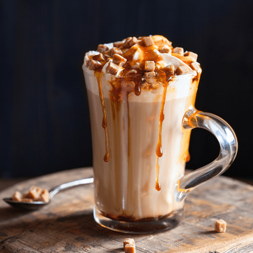 Toffee Nut Latte in a cup with caramel drizzled on top