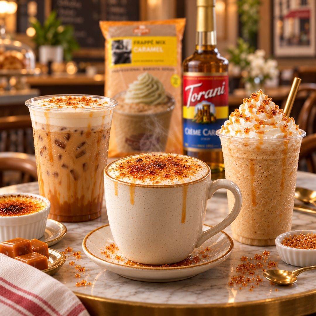 Creme Brulee Lattes hot iced and frappe blended by Mocafe