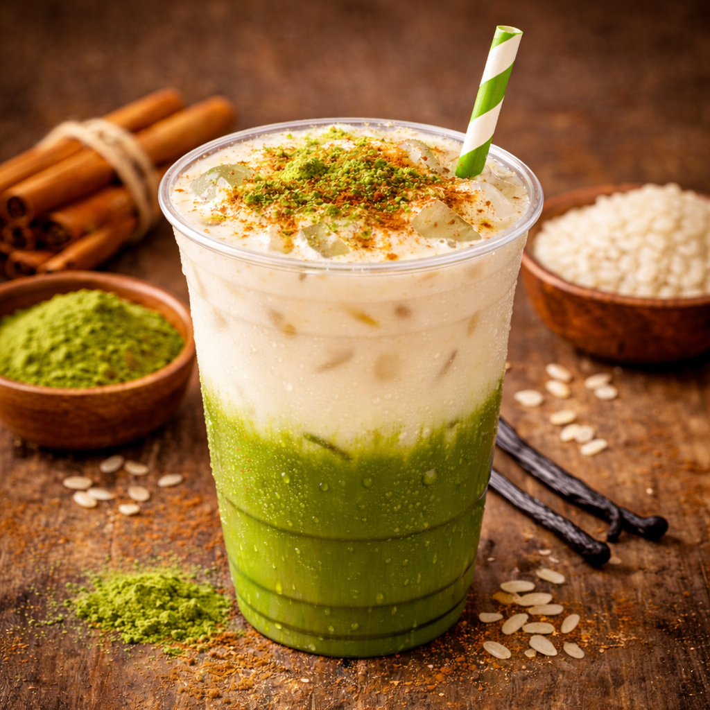 Matchata drink that combines matcha with horchata showing garnish of cinnamon and matcha powder