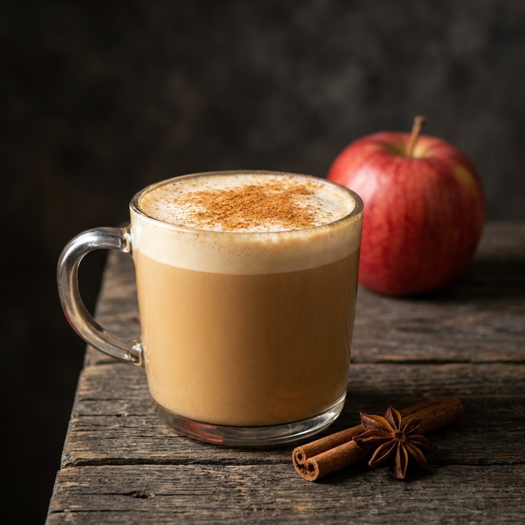 Apple cider chai latte in a glass mug with an apple, cinnamon sticks and star anise
