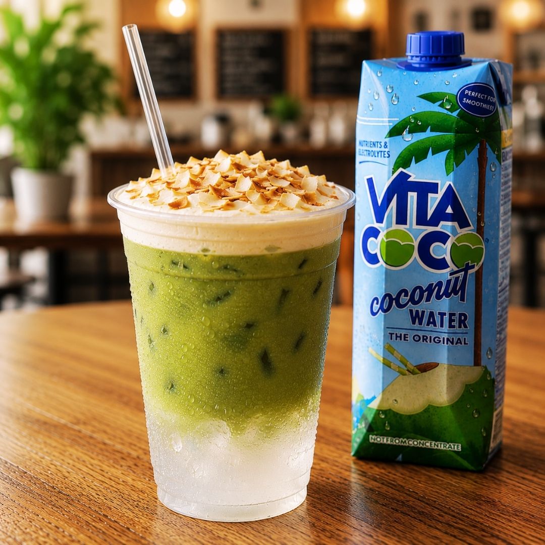 Coconut Water Matcha showing Vita Coco coconut water on a table in a cafe