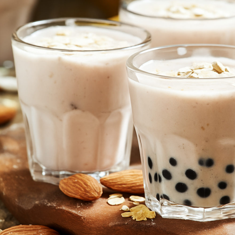 Almond iced milk tea drink next to an Almond Milk Tea Boba bubble tea drink showing tapioca balls