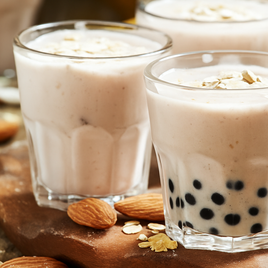 Almond iced milk tea drink next to an Almond Milk Tea Boba bubble tea drink showing tapioca balls