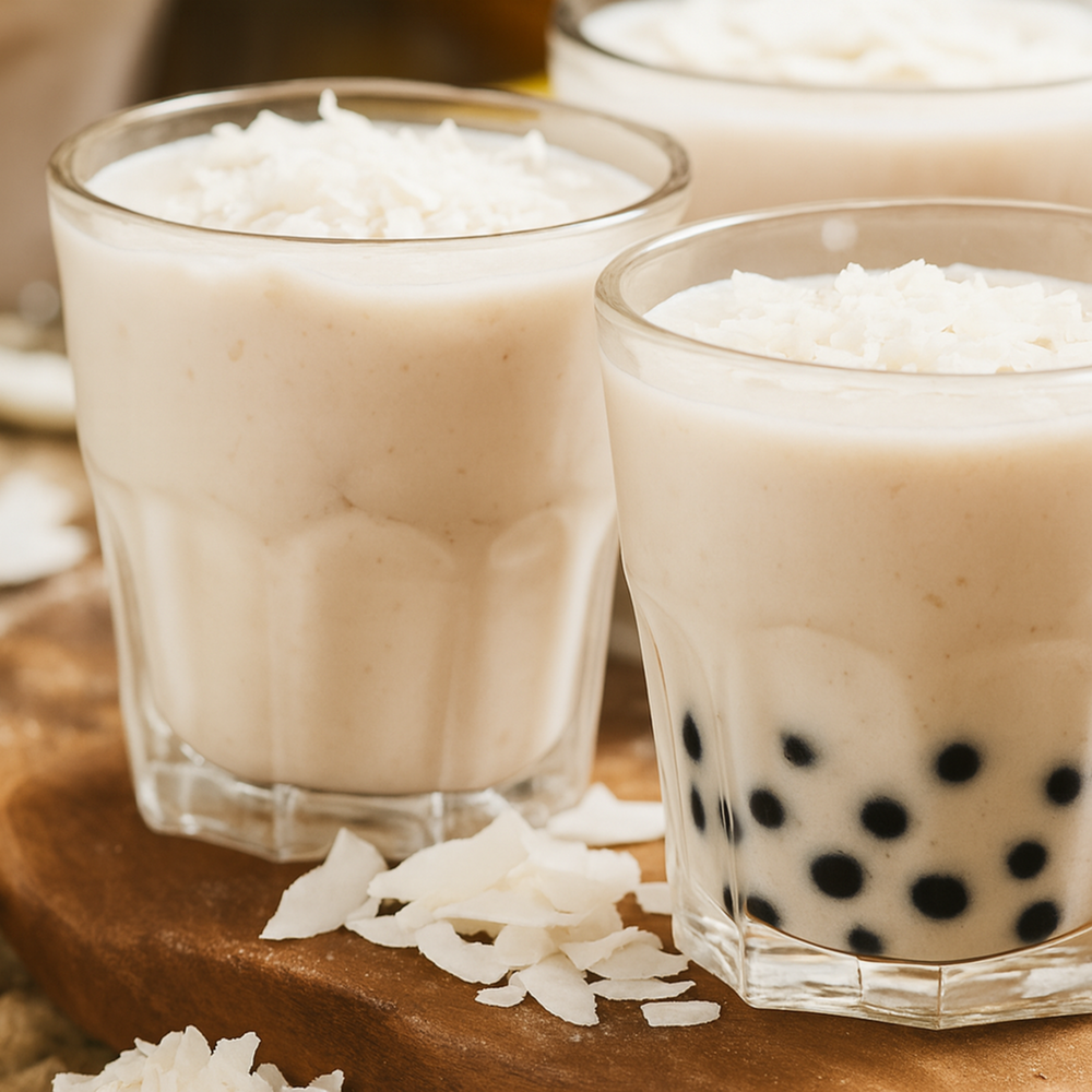 Coconut milk tea drink next to a coconut boba bubble tea iced drink shwoing coconut pieces next to cup.