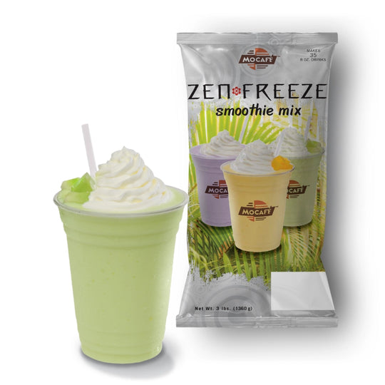 Honeydew ZenFreeze Smoothie showing melon colored drink next to Bulk bag of powder from Mocafe