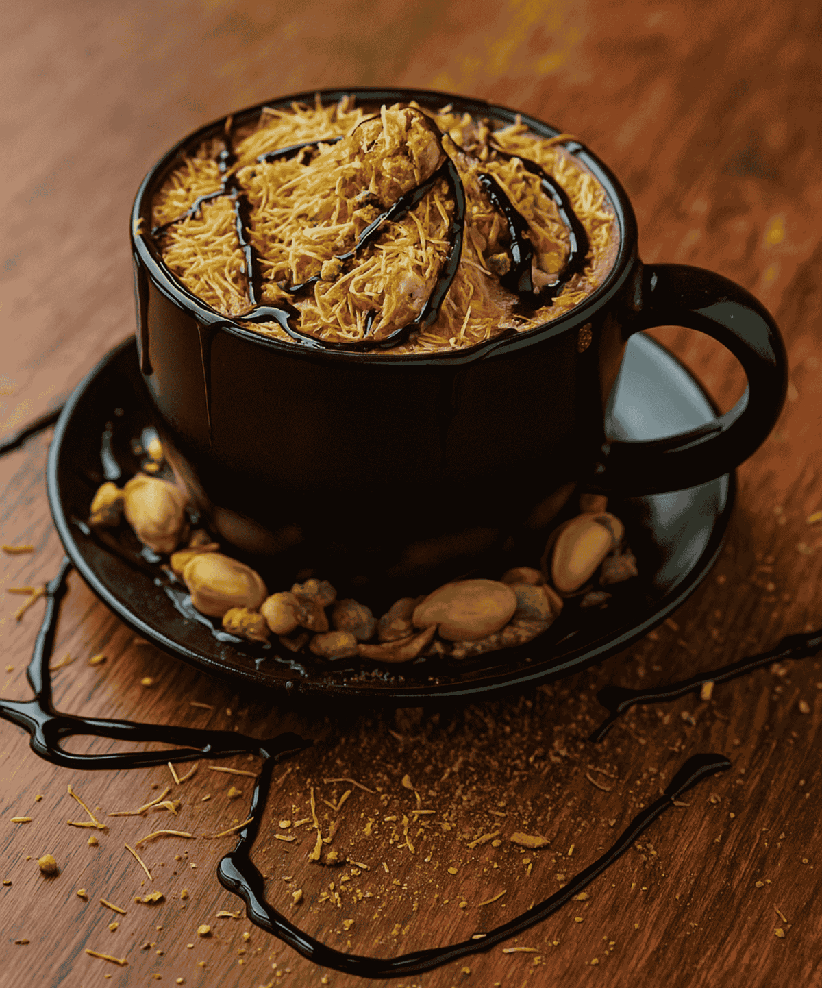 hot Dubai chocolate in black mug showing pistachios on saucer