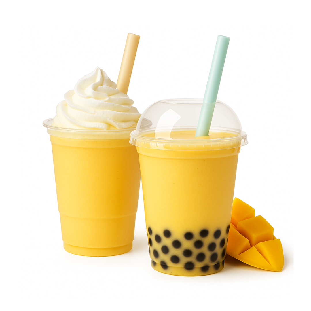 Mango frappe drink next to mango boba drink and a freshly sliced piece of fresh mango