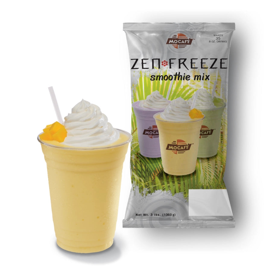 mango frappe next to Mocafe ZenFreeze bag of mango smoothie and box base mix powder
