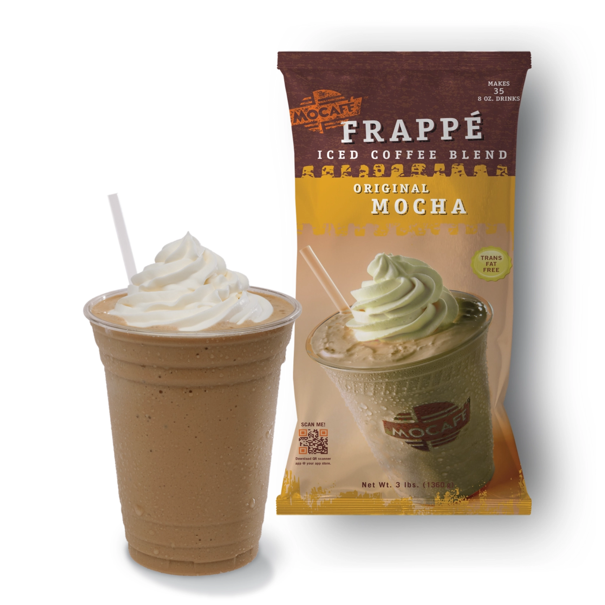MOCAFE™ Original Mocha Frappe 3 lb powder mix bag next to a mocha frappe drink topped with whipped cream