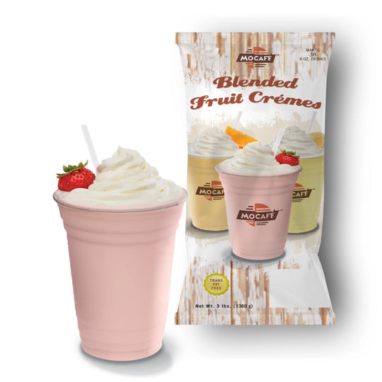 Strawberry Frappe blended creme next to bag of Mocafe drink mix powder