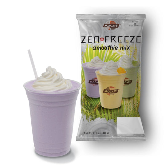 Taro Frappe next to bag of MOCAFE ZenFreeze taro smoothie and boba owder mix
