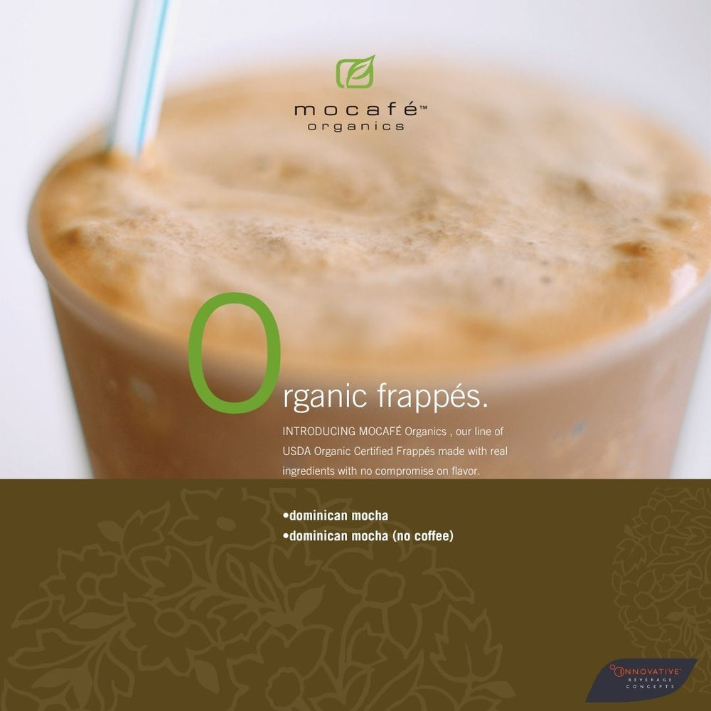 Lifestyle shot of Mocafe Organics artistic image of a mocha frappe with straw in it