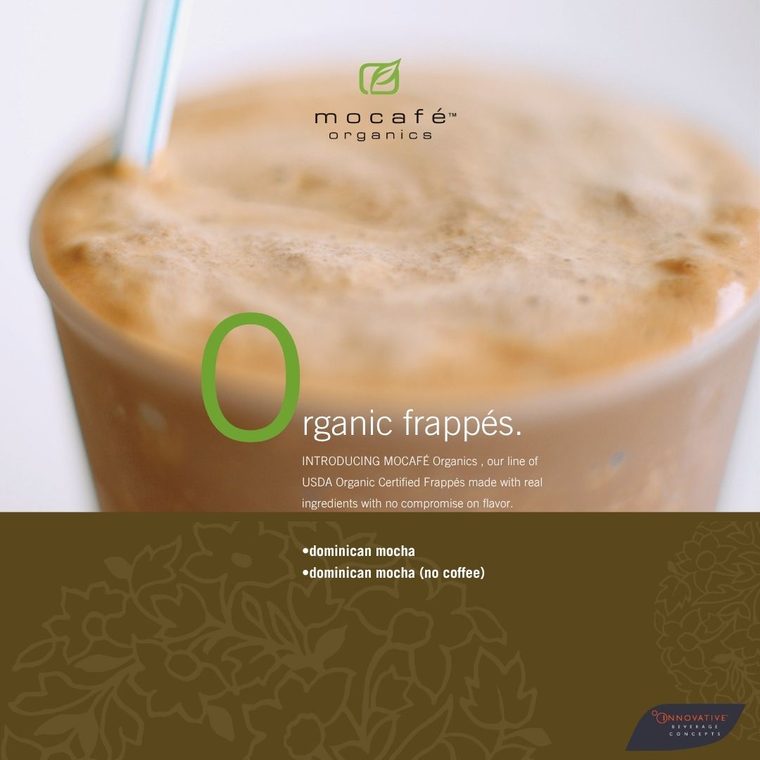 Lifestyle shot of Mocafe Organics artistic image of a mocha frappe with straw in it