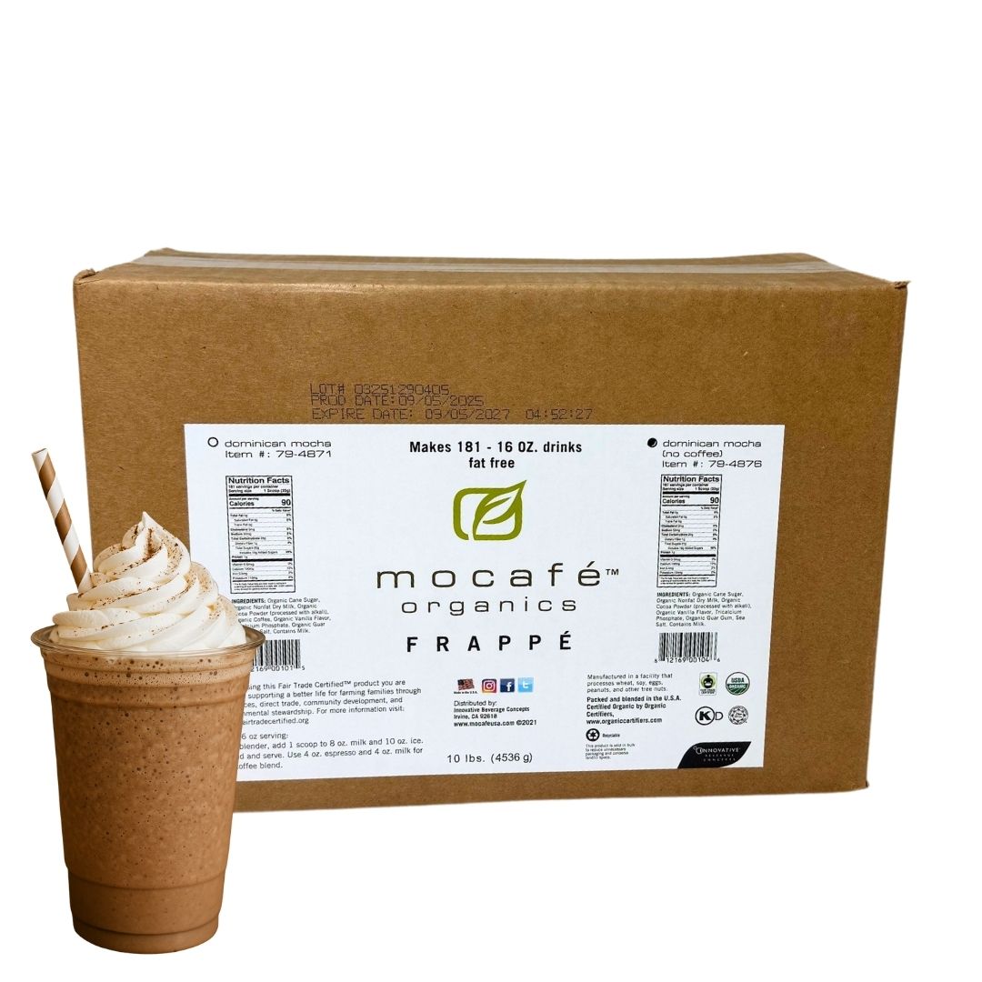 MOCAFE™ Organic Fair Trade™ Dominican Mocha Frappe mocha drink in front of 10lb bag in a box