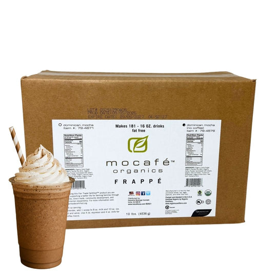 MOCAFE™ Organic Fair Trade™ Dominican Mocha Frappe mocha drink in front of 10lb bag in a box
