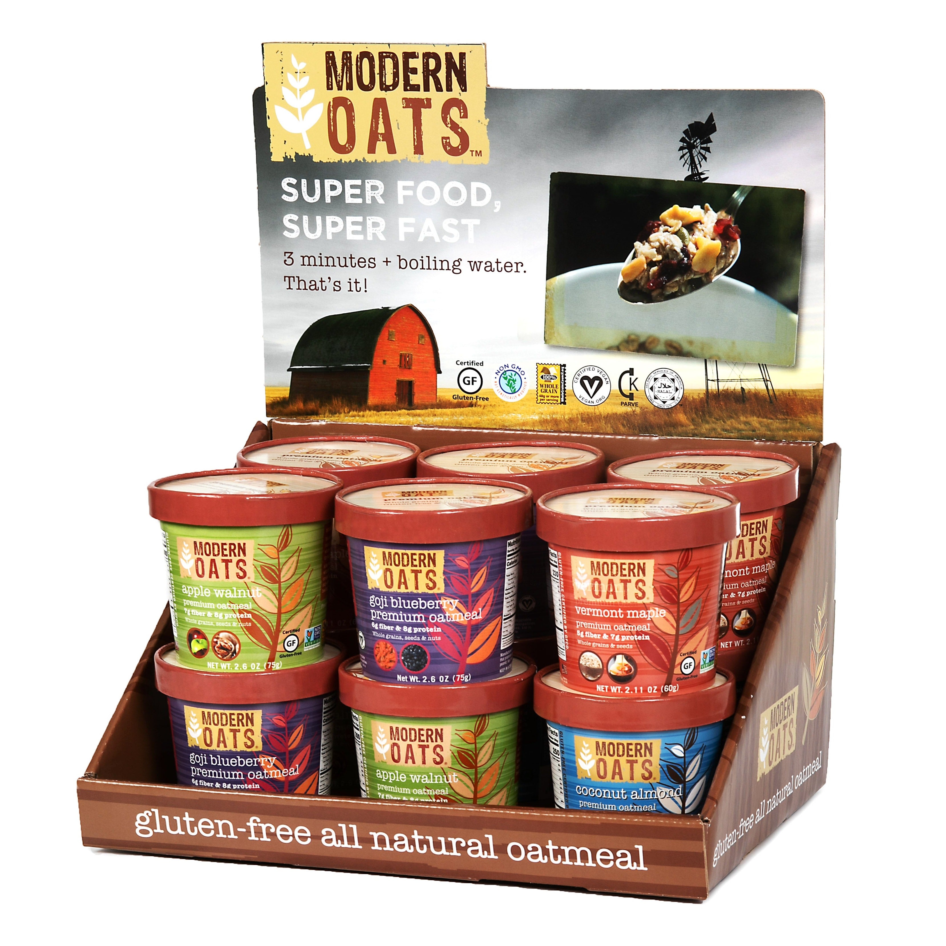 Oatmeal Packet Display Riser Modern Oats: Variety (12-Pack) with Counter Top Display - IBEV Concepts