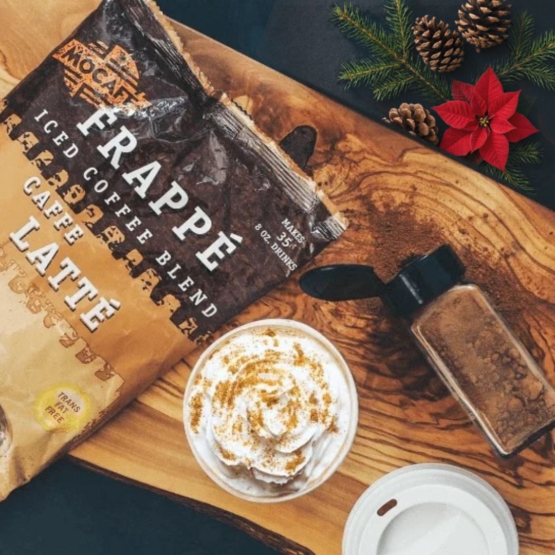 MOCAFE Caffe Latte mix with a whipped-cream latte, pine cones and a poinsettia